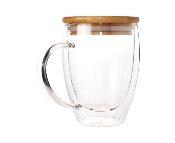 Double Wall Clear Glass Mug with Bamboo Lid