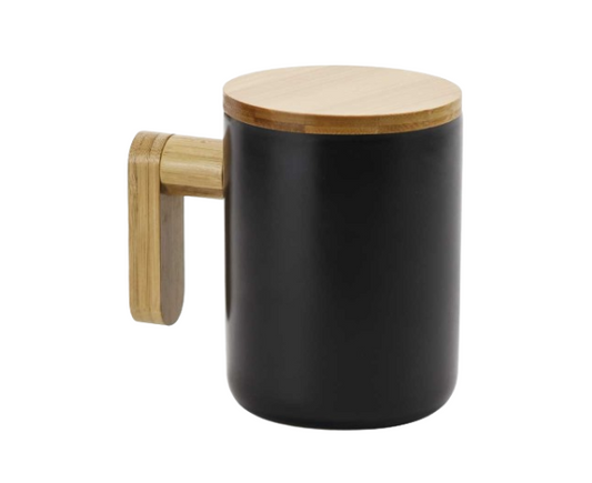 Black Ceramic Coffee Mugs with Bamboo Handle and Lid